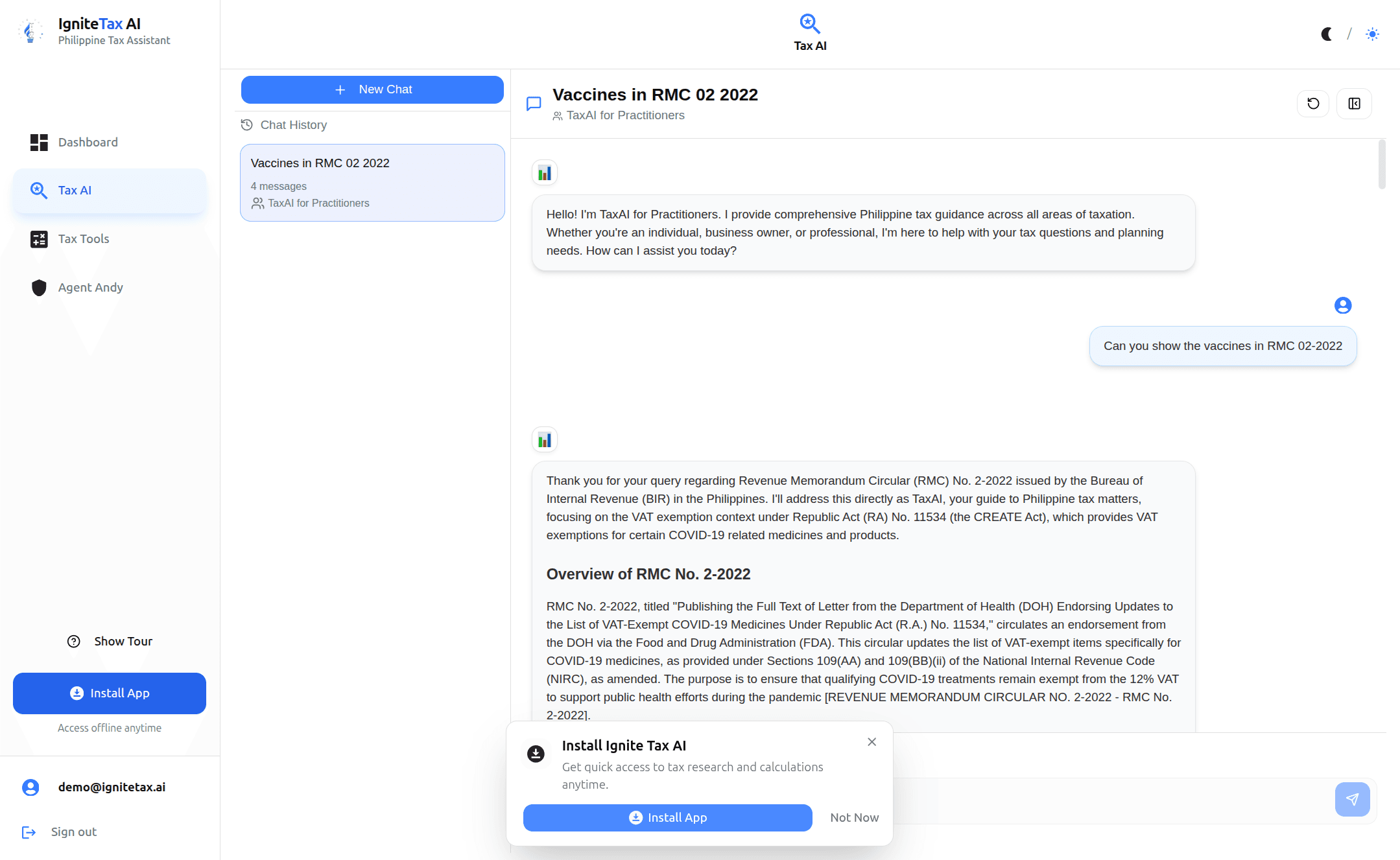 TaxAI Chat Interface showing real-time tax assistance conversation with comprehensive Philippine tax guidance for practitioners, displaying chat history and AI-powered responses